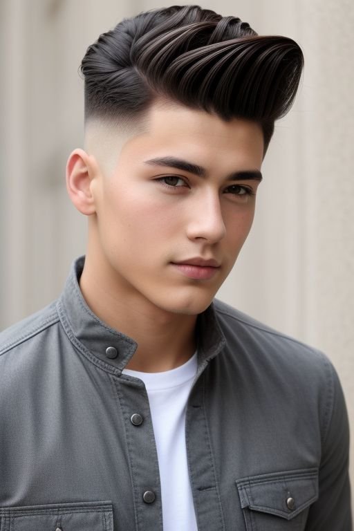 Boy sporting a pompadour hairstyle, looking stylish and confident. cool boys hair style.